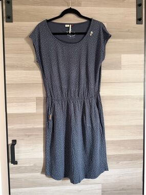Ragwear Tagg Navy Polka Dot Elastic-Waist Midi Dress Size M